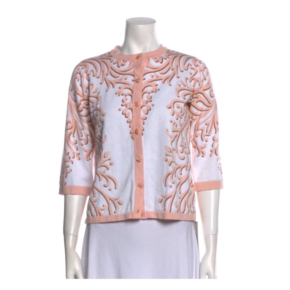 Bob Mackie Cardigan Womens M Button front Crew Neck 3/4 Sleeve Pink Art To Wear